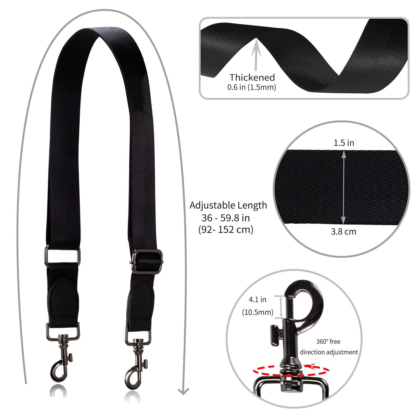 Allzedream Wide Purse Strap Replacement Crossbody Shoulder Bag Adjustable (Black Leather)