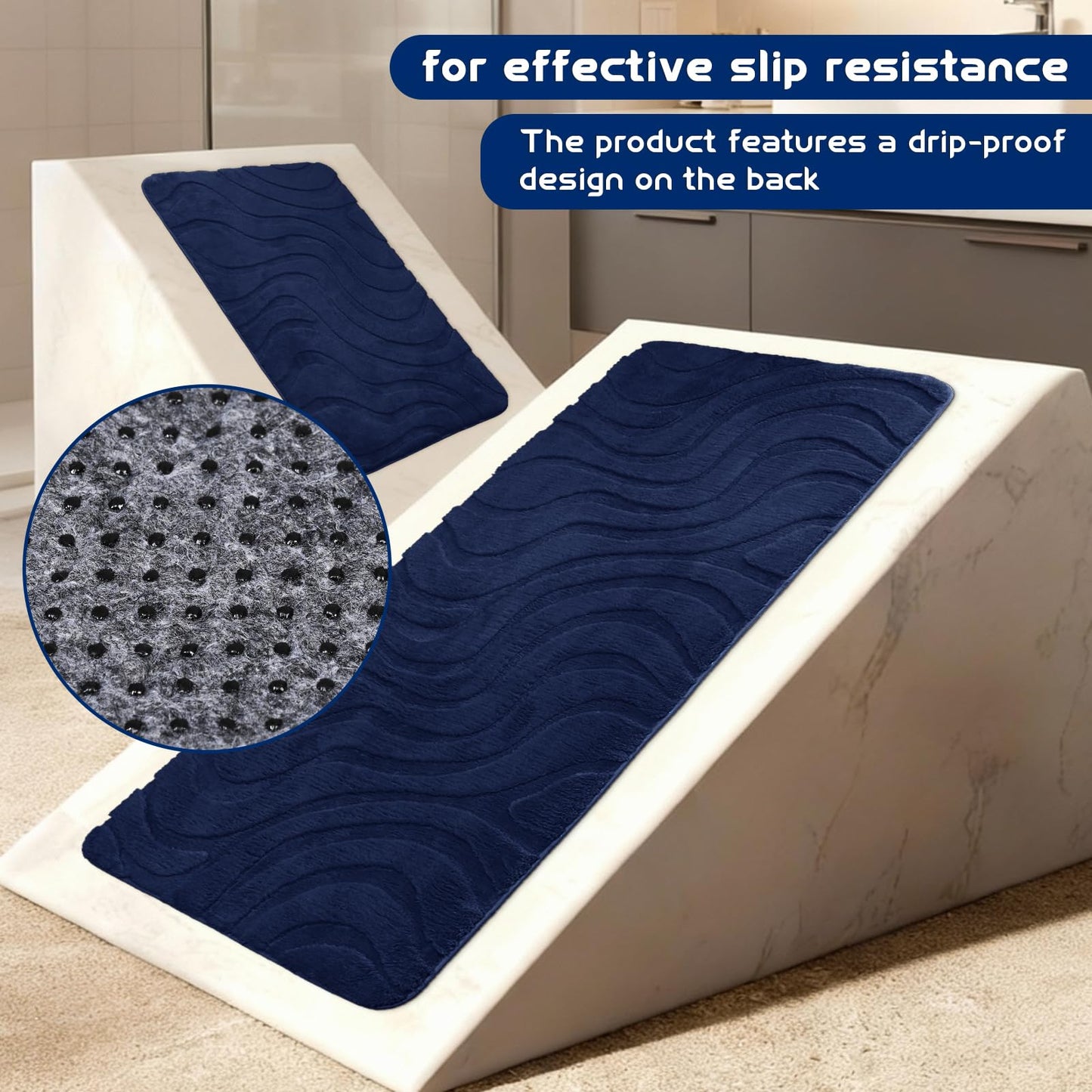 Aqzuxira Bathroom Rug Sets 5 Piece, Ultra Soft Absorbent Non-Slip Plush Bath Mats, Includes Toilet Cover, Bath Runner and U-Shaped Contour Toilet Rug, Machine Washable,Navy Blue