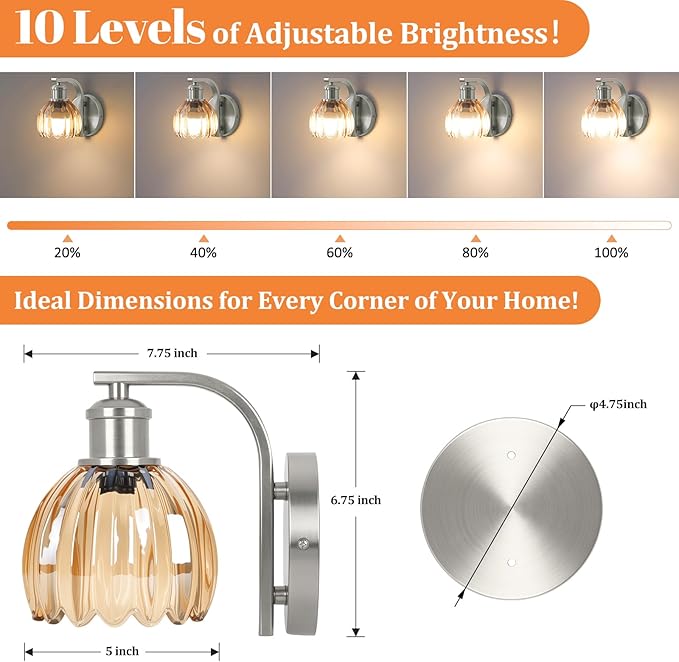 Rechargeable Battery Operated Wall Sconce with Amber Glass Lampshade, Wireless Wall Scone Decor with Remote Control, 15 Colors Brushed Nickle Wall Light for Bedside Hallway Bedroom Doorway