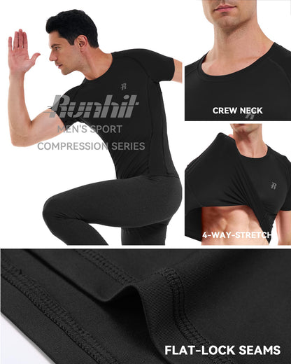 Runhit Mens Compression Shirt Short Sleeve Black Compression Shirt Men Quick Dry Cool T-Shirt Sports Workout Base Layer L