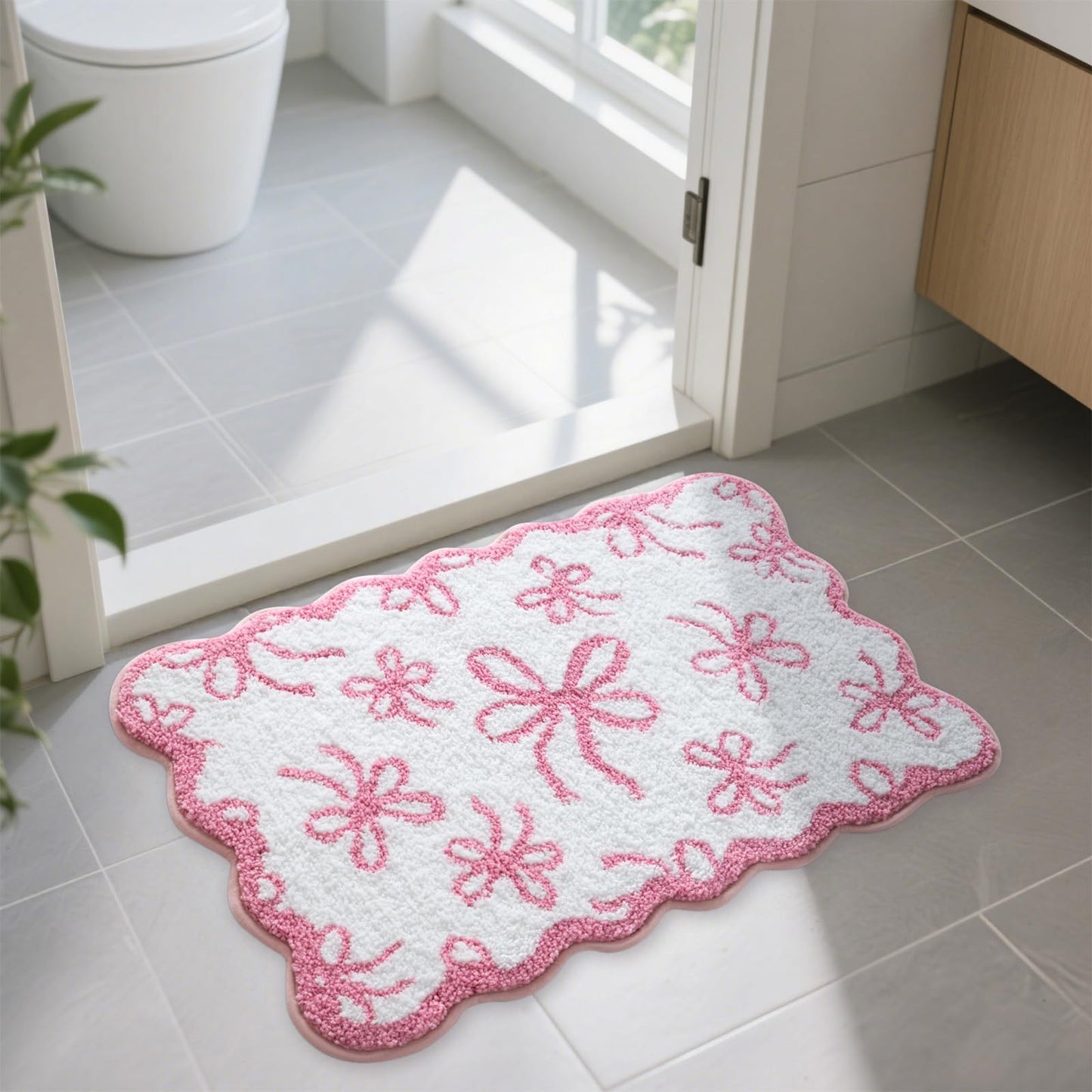 Moutina Pink Bow Bathroom Rug 20x32 Inch, Soft and Absorbent Tufted Coquette Scalloped Bath Mat Non Slip Washable, Cute Bow Decor for Bathroom Bedroom