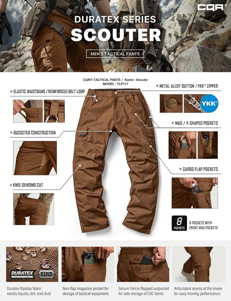 CQR Men's Tactical Pants - Lightweight Water-Resistant Cargo Pants for Hiking | EDC Outdoor Apparel