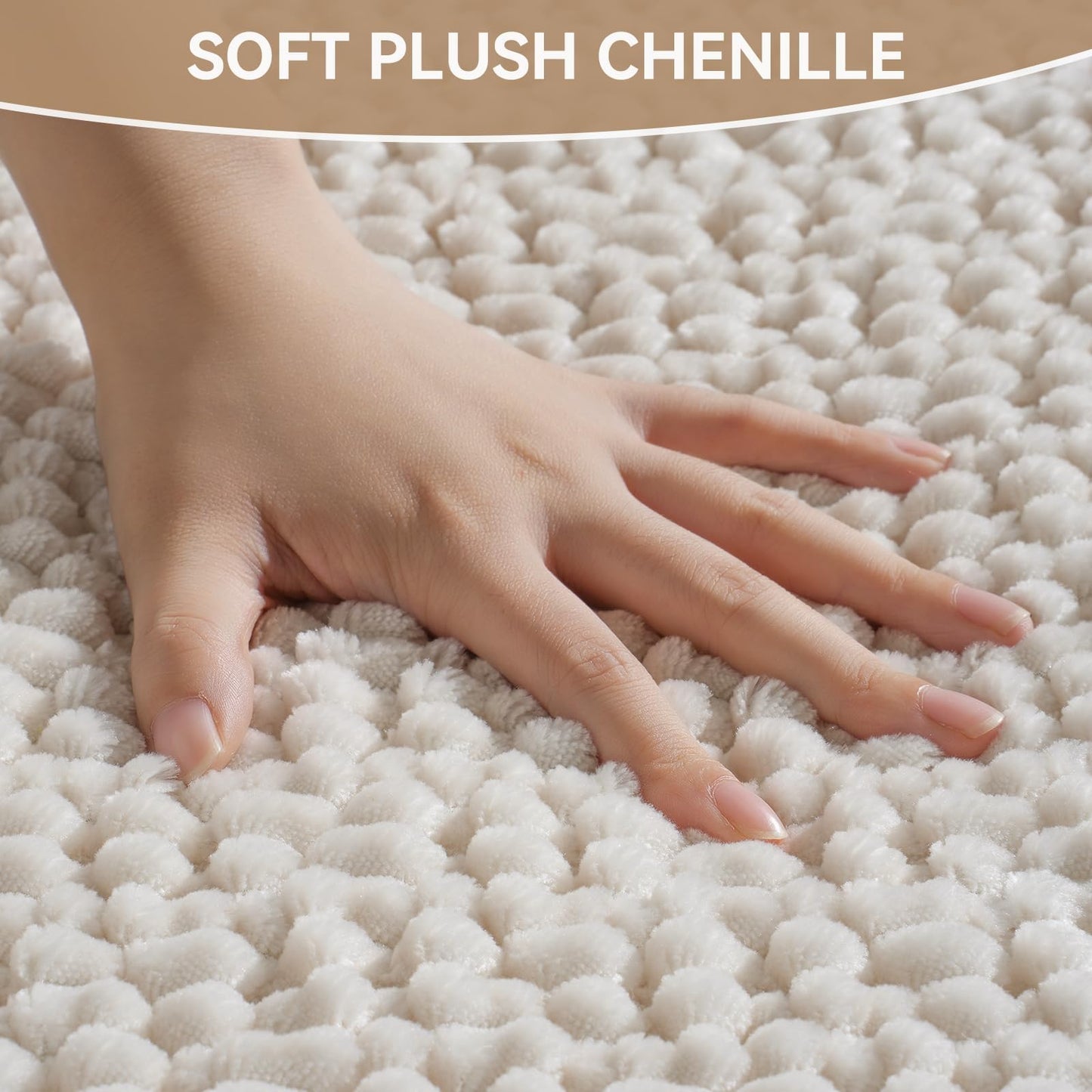 QiCaiJia 16x24 Extra Soft Chenille Bathroom Rugs - Non Slip Quick Dry Absorbent & Washable Bath Mat, Thin Low Profile Fit Under Door, Shower Mat for Outside Shower - Beige