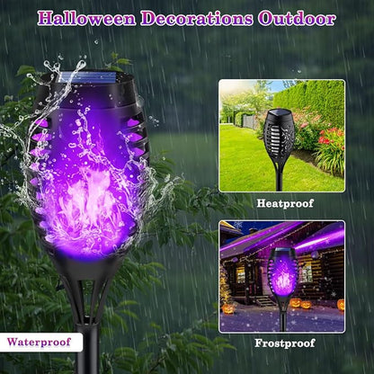 12Pack Purple Solar Torch Lights for Outdoor Halloween Decorations, Halloween LED Lights for Outdoor Decor, Solar Flame Torches for Outside Decor, Luces Solares for Pathway Garden Yard Decorations