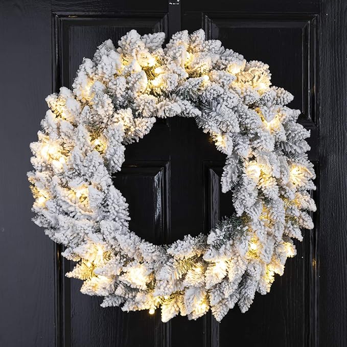 Glitzhome 24" D Pre-Lit Snow Flocked Christmas Wreath with Warm White LED Lights and Timer Artificial Decoration Wreath for Front Door Wall Window Indoor Outdoor Christmas Decorations