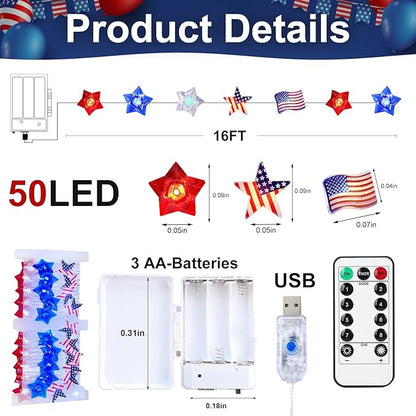 Aogist 4th of July Decorations String Lights with Remote an Timer, USB & Battery Dual-Power American Flag Lights for Memorial Day, Independence Day (2 Pack)