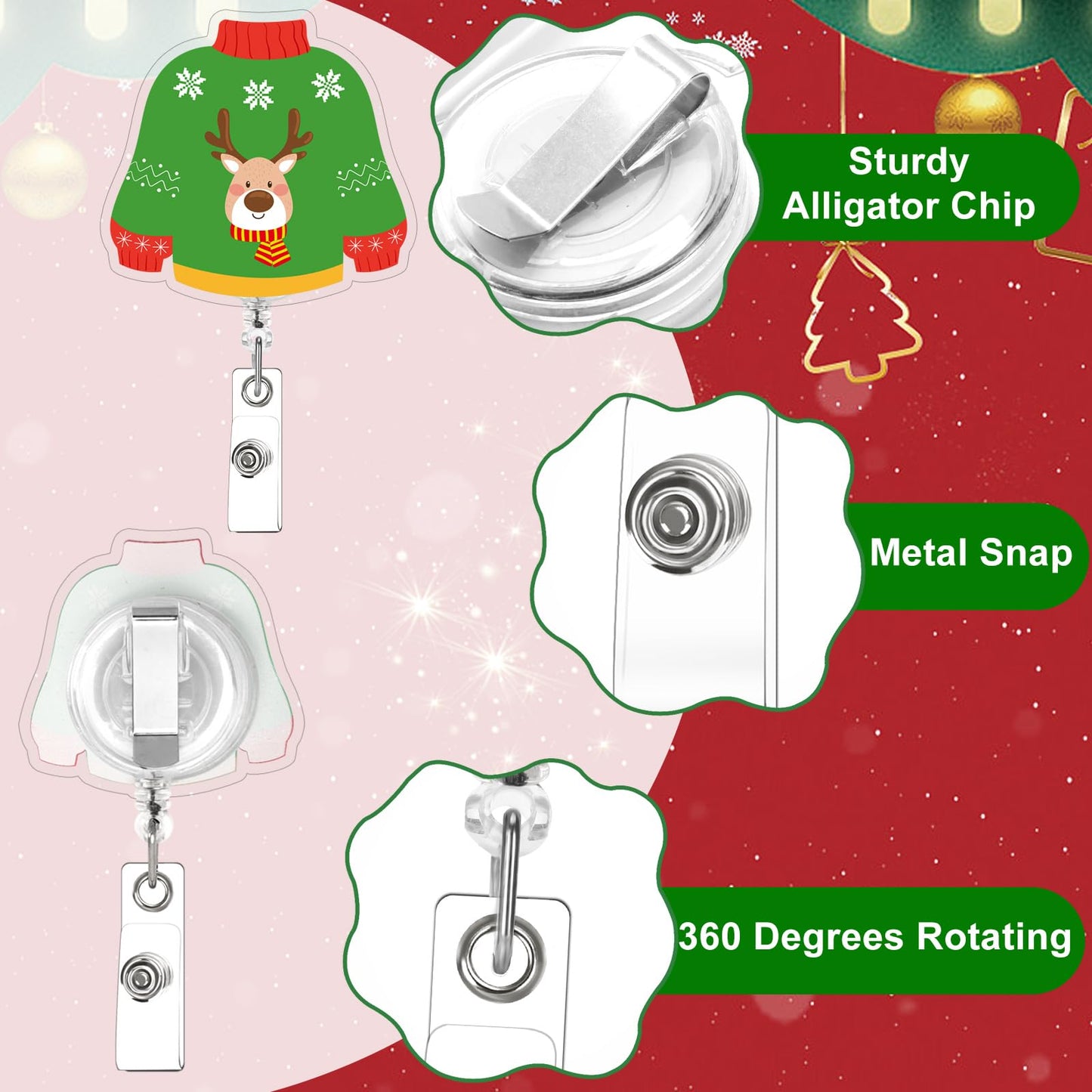 Jansun Christmas Badge Reel 12 Pcs Nurse Badge Reel Name Badge Clips Retractable Christmas Badge Holder Acrylic Santa Snowman Garland Gingerbread Man for Nurses Students (12 Styles) ﻿