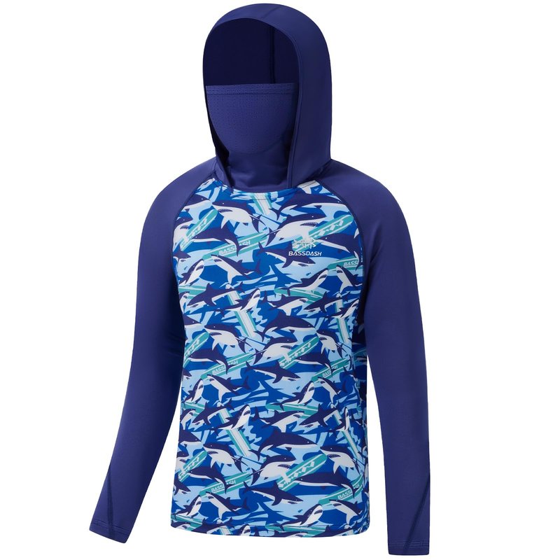 BASSDASH Youth UPF 50+ Hooded Shirts with Mask UV Neck Gaiter Sun Protection Long Sleeve T Shirt for Fishing Swim