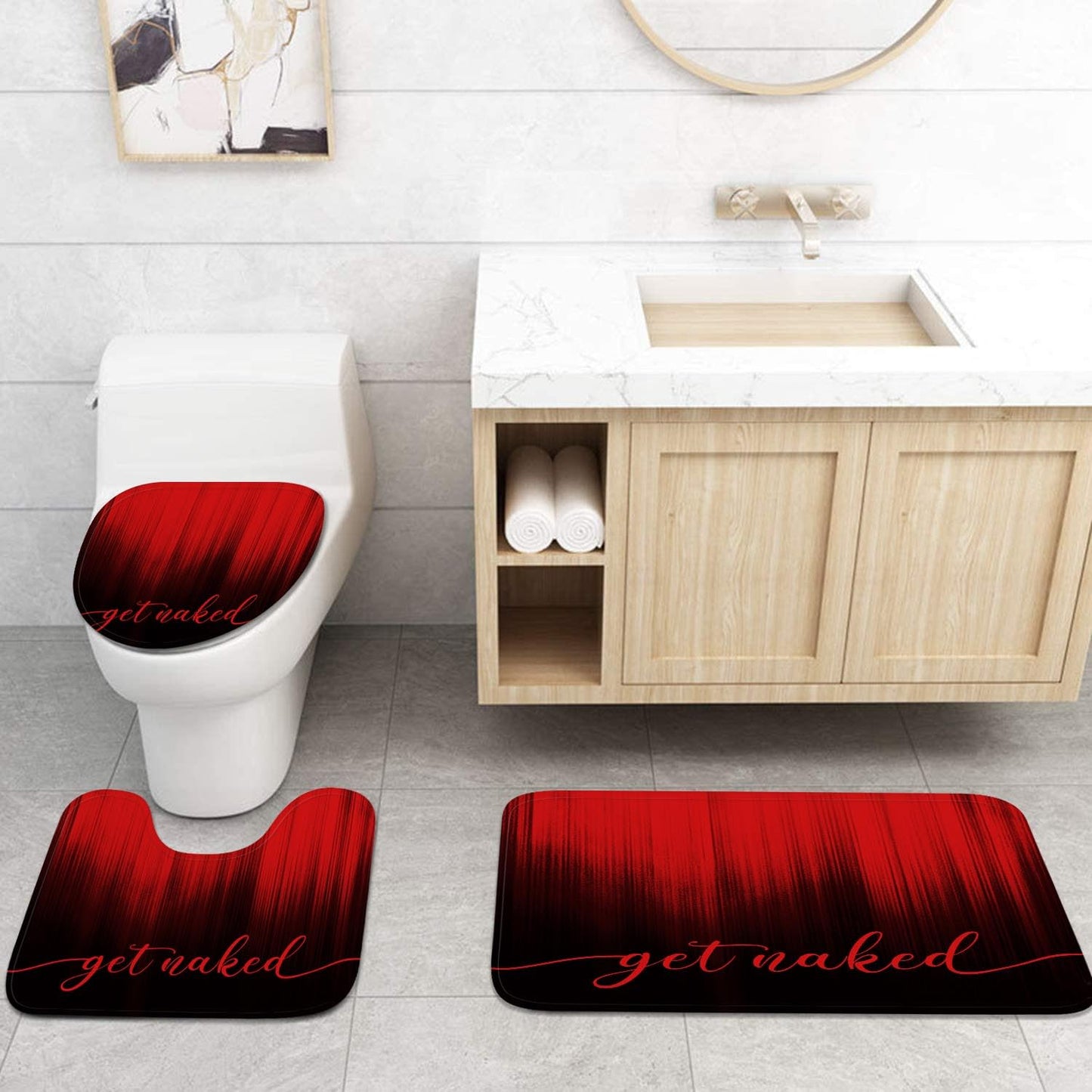 ArtSocket 4PC Red Black Ombre Get Naked Modern Simple Shower Curtain Sets Bathroom Decor with Rugs, Non-Slip Rug,Toilet Lid Cover, Bath Mat and 12 Hooks 72x72 inches