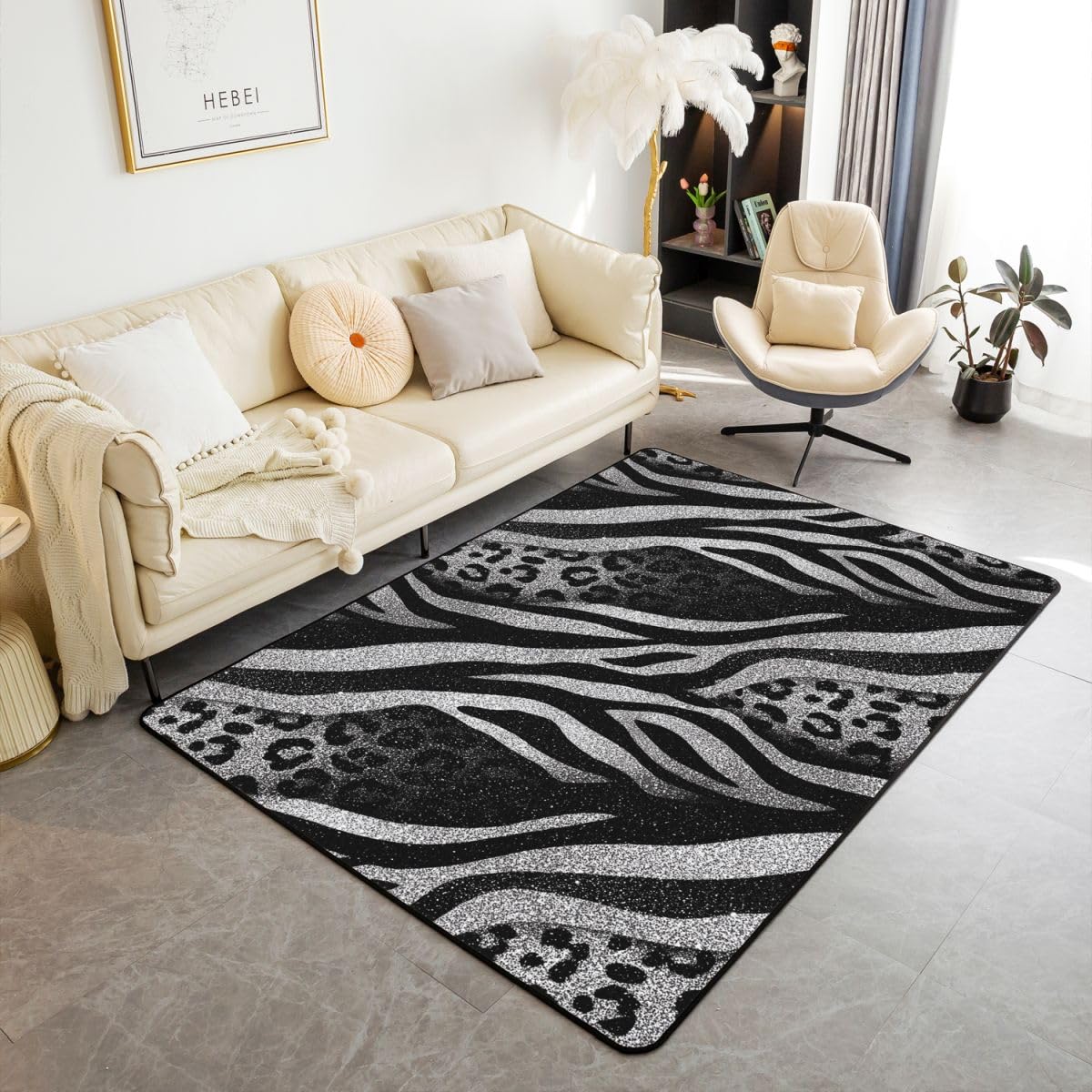 Leopard Print Large Area Rug 5x7 Cheetah Skin Living Room Rug | Zebra Pattern Silver Glitter Rugs for Bedroom, Patchwork African Safari Pattern Low Pile Carpet Indoor Floor Mat