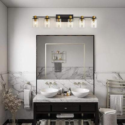 Bathroom Vanity Light, 6 Light Black and Gold Bathroom Light Fixtures, Sconces Wall Lighting with Clear Glass Shade, Modern Brushed Gold Vanity Lighting fixtures for Bathroom, Bedroom, Hallway