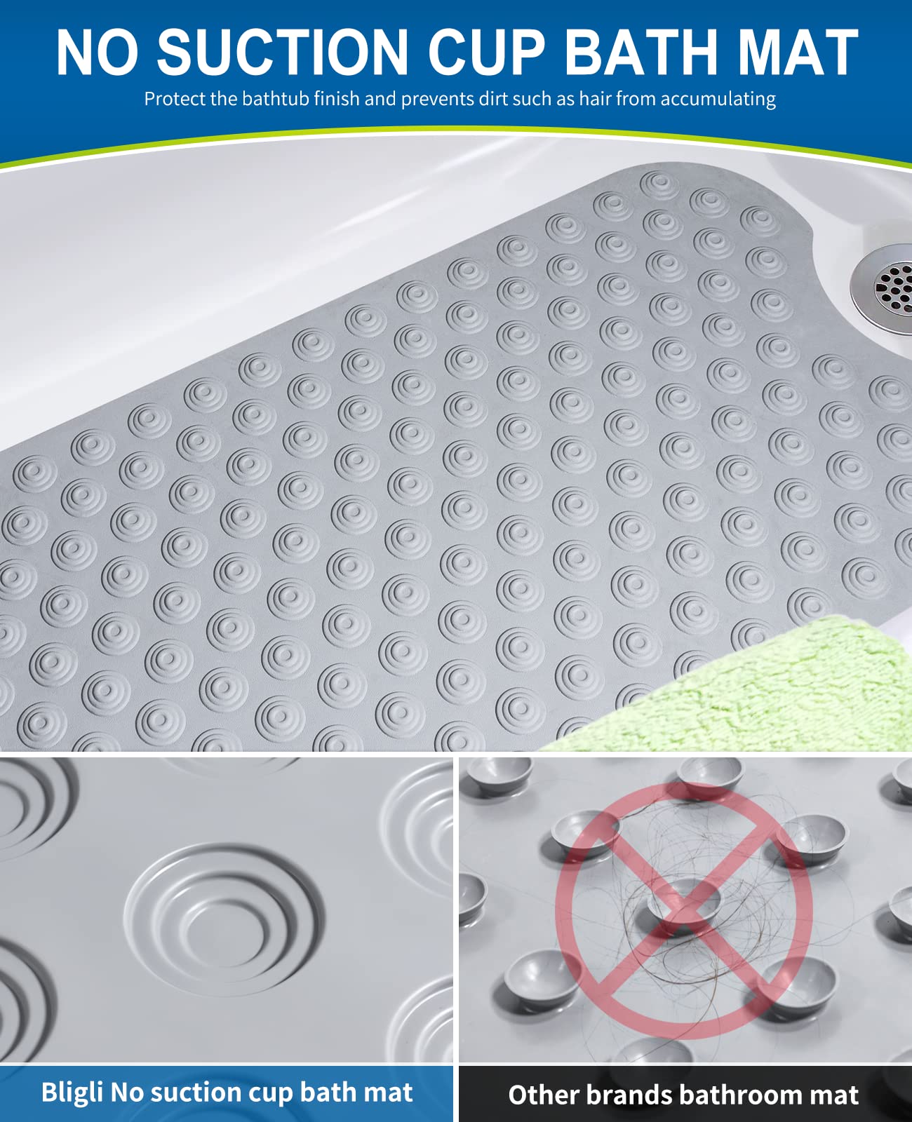 Bligli Bathtub Mat Non-Slip Without Suction Cups, 39x16inch Extra Long Bath Mats for Shower Bathroom, Machine Washable Natural Rubber Shower Tub Mat (39x16inch, Gray)