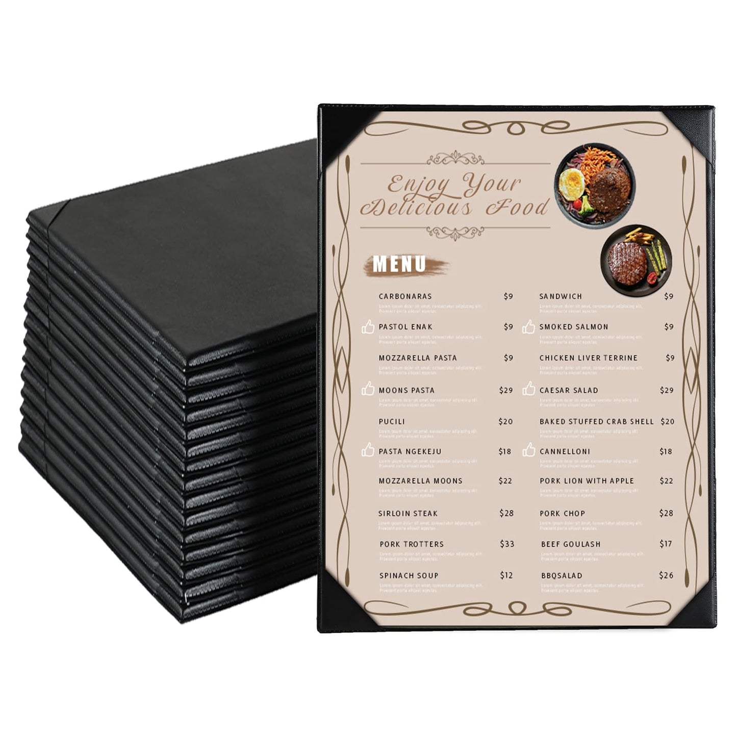 FLKQC 15 Pack Restaurant Menu Covers Holders 8.5" X 11", Single View Synthetic Leather Menu Holder Covers Book Style with Angled Corners Black for Wine List, Menu Sleeves Home Use (15, 1 Page)