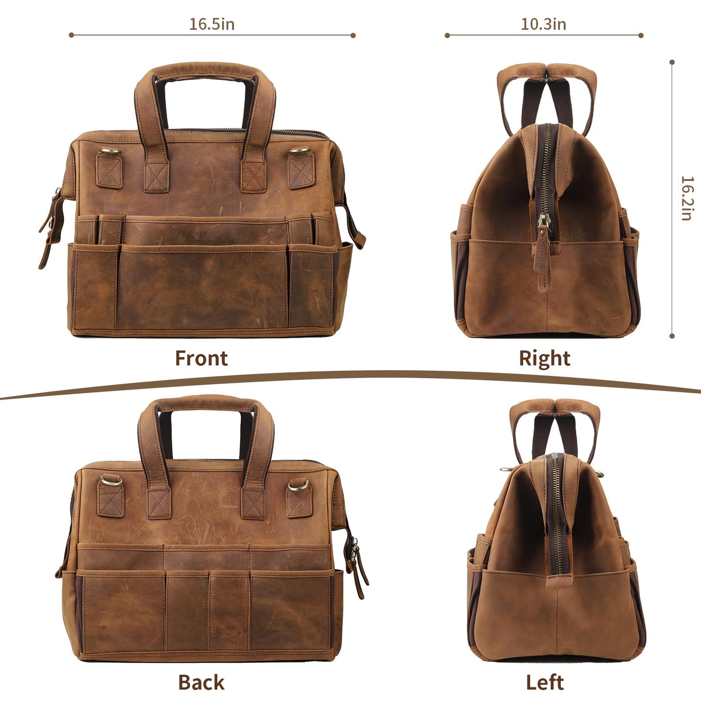 Leather Tool Bag Wide Mouth Tool Storage Bag for Hand Tools 16 inch Tool Tote Bag, Gardening, Outdoorsmen, Heavy Duty Organizer Electrician Tool Bag