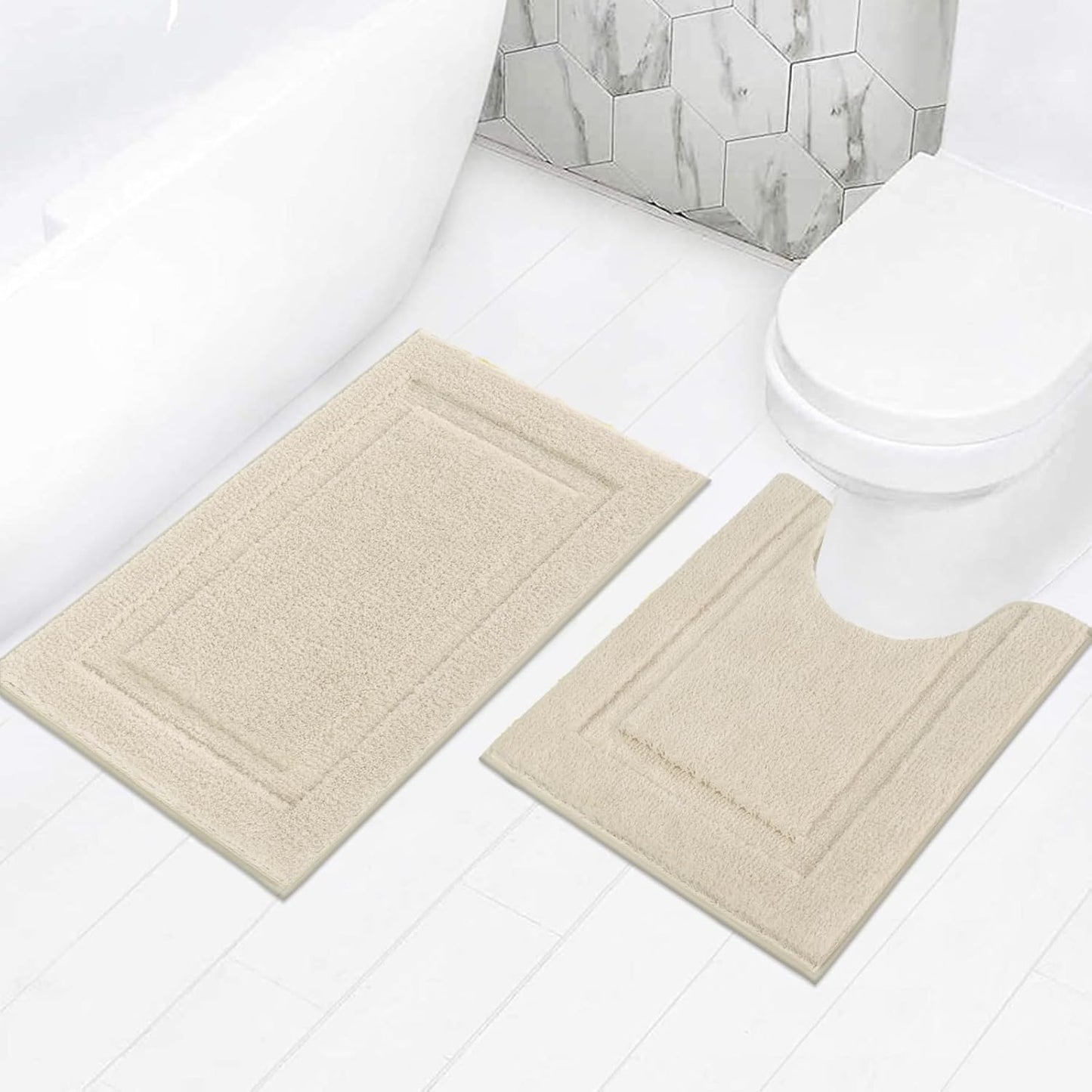 SHACOS Soft Absorbent Bathroom Rugs Set of 2 Pieces with U Shaped Toilet Rug Contour Bath Mats Bath Rugs 20"x24"+20"x32" Non Slip Washable, Light Beige