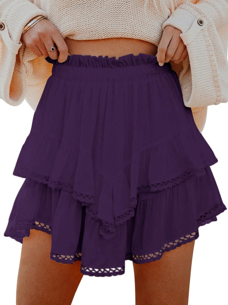 Aoudery Flowy Shorts for Women Casual Boho Ruffle Tiered Skorts High Waist Mini Skirts Golf Tennis Butterfly Crochet Shorts - Dark Purple XS
