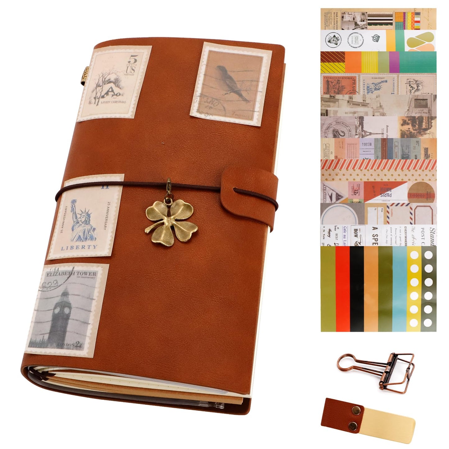 BEIZMHBO Refillable Travelers Notebook with Pockets, Handmade Travel Diary with Pen Holder & Vintage Stickers, Brown Leather Journal with 4 Notebook Inserts for Men Women Traveler Writing, 8.3" x 4.7"