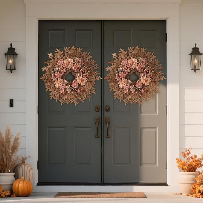 26" Fall Wreath for Front Door - Large Artificial Dahlia Flowers Fake Rose Faux Maple Leaves Outdoor Wreath for Porch, Window,Farmhouse,Home,Thanksgiving Day Harvest Festival Autumn Decor