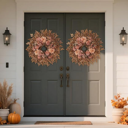 26" Fall Wreath for Front Door - Large Artificial Dahlia Flowers Fake Rose Faux Maple Leaves Outdoor Wreath for Porch, Window,Farmhouse,Home,Thanksgiving Day Harvest Festival Autumn Decor