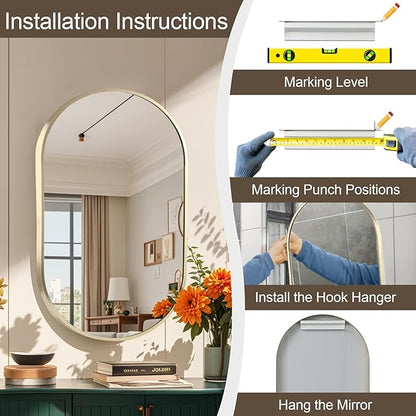 17x30 inch Oval Bathroom Mirror, Gold Vanity Wall Mirror with Brushed Metal Frame, Oval Mirrors for Bathroom, Entryway, Over Sink, Living Room