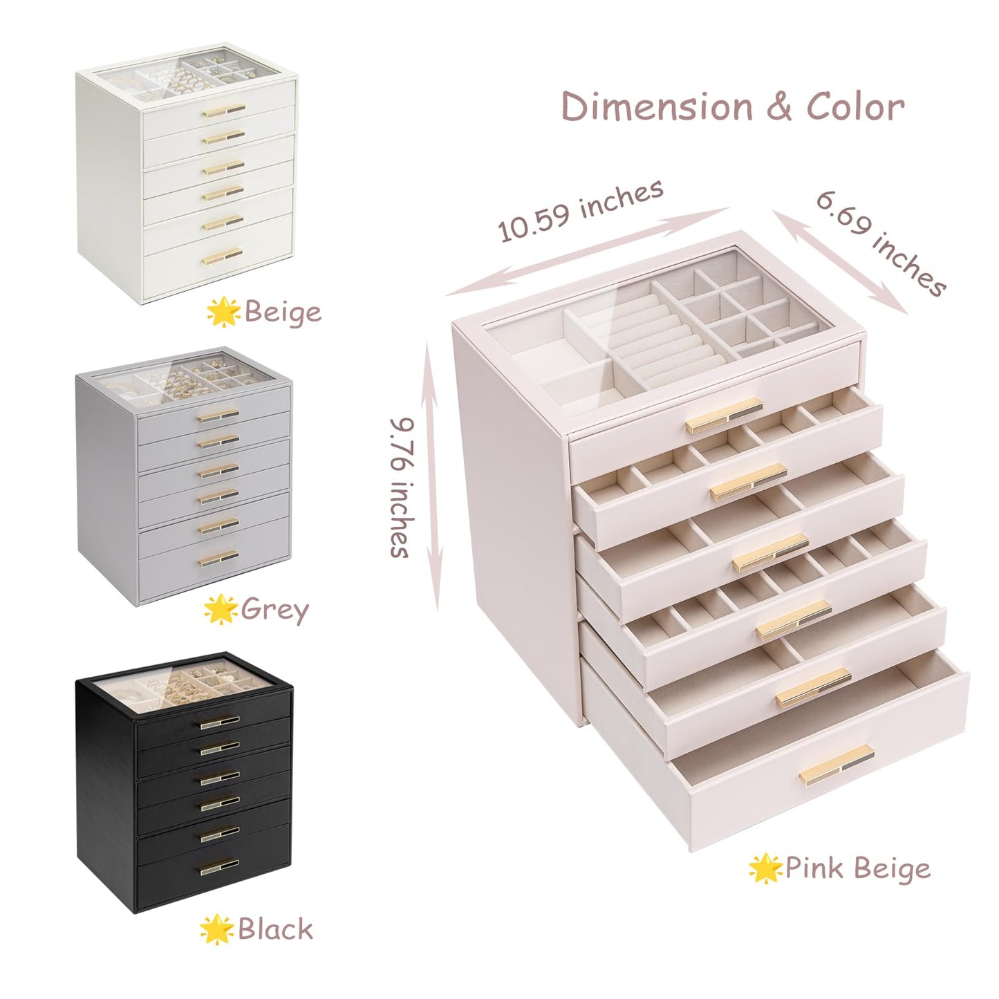 VLANDO 6-Drawer Jewelry Box with Glass Lid, Faux Leather Organizer for Rings Earrings Necklaces and More, Gift-Ready Jewelry Case for Women Girls or Moms, Pink Beige