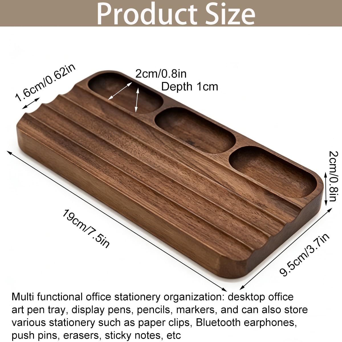 LITAITAI Horizontal Pen Holder,Acacia Wood Pen Tray,Desktop Pen Display,Walnut Desk Tray,Paperclip Headphones Eraser Office Stationery Storage,Brown