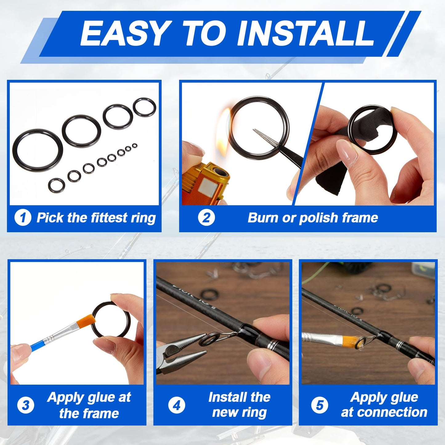 VercanMonth 78 Pcs Rod Tip Repair Kit Fishing Rod Eyelet Repair Kit Includes 12 Sizes Fishing Pole Ceramic Guides Rings Replacement Glue Brushes and Measuring Cups