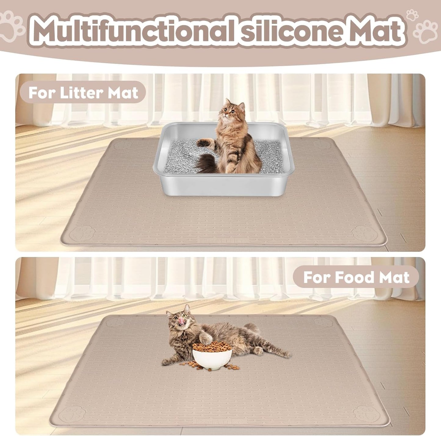 Kalolary Cat Litter Mats, 40" x 28" Extra Large Silicone Cat Mat for Litter Box, Easy to Clean Kitty Litter Trapping Mat, Soft on Kitty Paws, Waterproof, Urine-Proof Kittys Litter Mats for Floor,Khaki