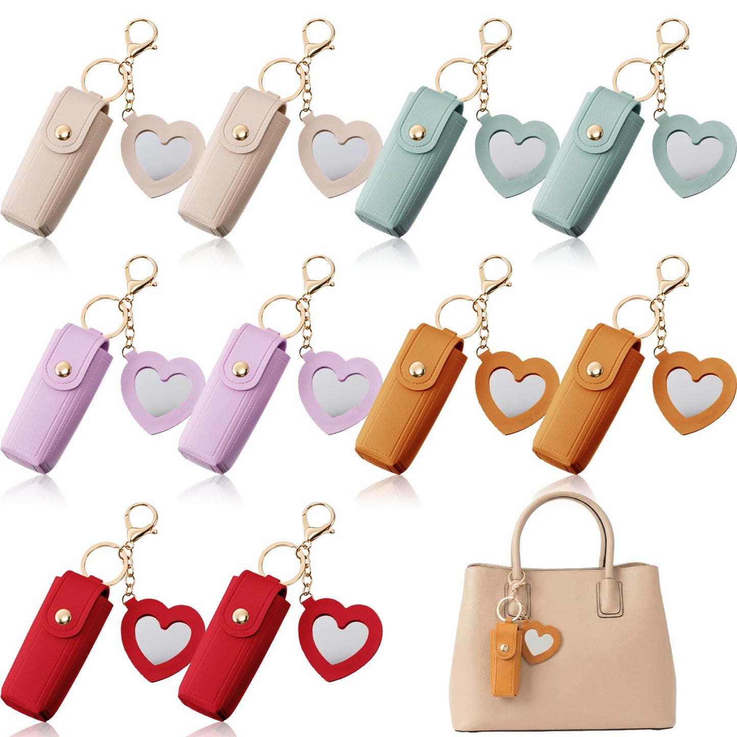 Syhood 10 Pcs Lipstick Holder Keychain Gift PU Portable Holder Gift with Heart Mirror Waterproof Makeup Lipstick Bag Key Pockets Zipper Pouch Card for Mothers Day Pouch(Novel)