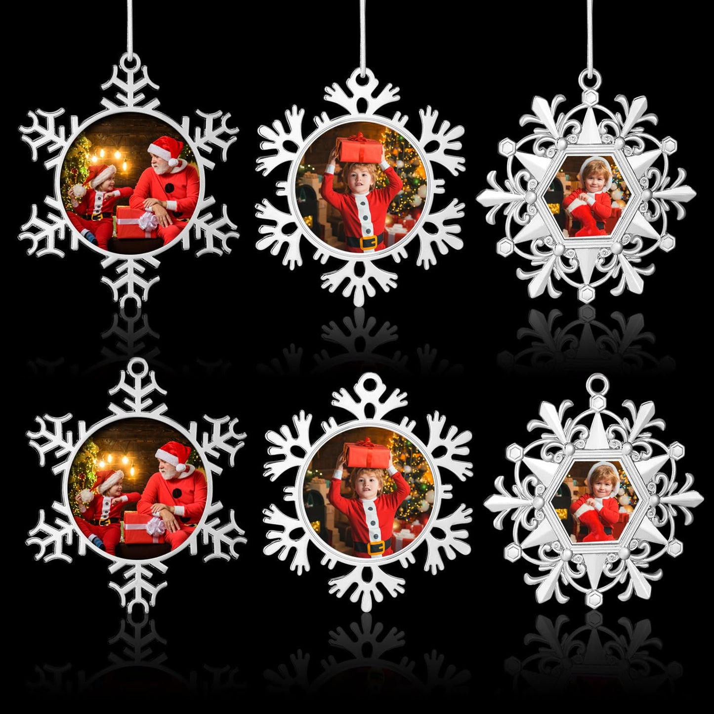 Soaoo 6 Pcs Metal Christmas Photo Frame Ornament Bulk Silver Snowflake Tree Picture Frame Ornament Double-Sided for Christmas Tree Hanging Xmas Home Indoor Outdoor Decorations Keepsake Gifts