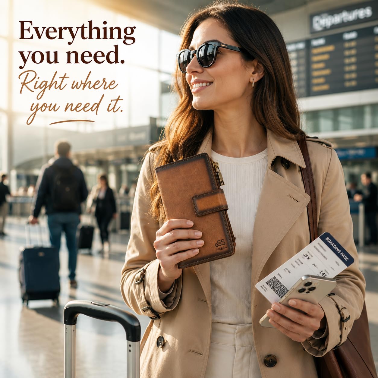 ESS RFID Blocking Leather Wallet for Women Slim Bifold Card Holder – Double Zipper Money Organizer with 43 Card Slots, Passport Pocket, iPhone Storage, ID Window, Travel Wallet Brown