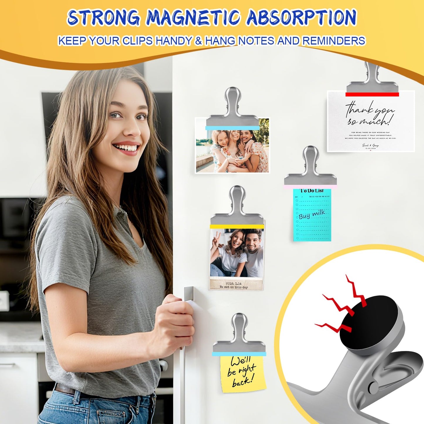 HOUSE AGAIN 8 Pack Stainless Steel Magnetic Chip Bag Clips Covered with Silicone - NO More Sharp Edges - Color Coded for Food Bags - Hang Postcards Heavy Duty for Kitchen and Office, 3 Inches Wide