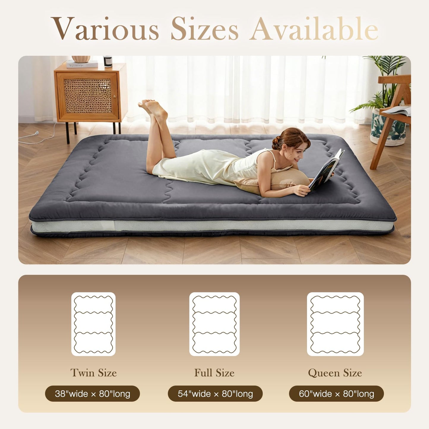 Auemtyn Japanese Floor Mattress, 4" Japanese Futon Mattress, Foldable & Portable Shiki Futon (shikibuton), Roll Up Thicken Sleeping Tatami Mat Sleeping Pad for Camping (Grey, 54 x 80)
