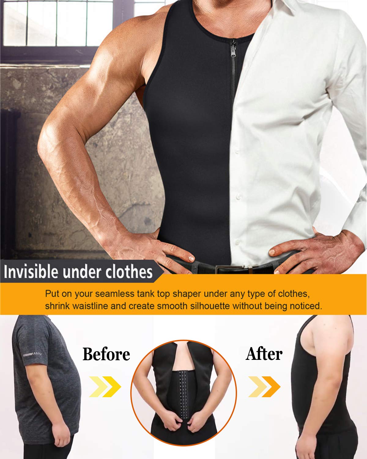 NonEcho Men Waist Trainer Vest Sweat Vest Hot Neoprene Zipper Sauna Girdle Tank Top Workout Shirt Shapewear Black