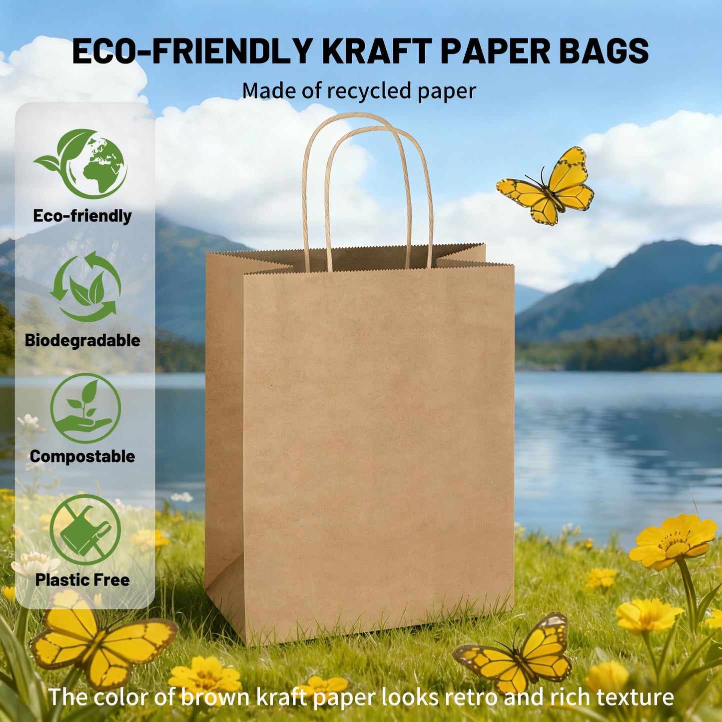 Mlyta 200 Pack 8x4.75x10 Inch Plain Medium Brown Kraft Paper Gift Bags with Handles Bulk for Goodie, Party Favor Brithday Grocery Shopping, Business Wedding Retail Craft Treat To Go, Merchandise Sacks