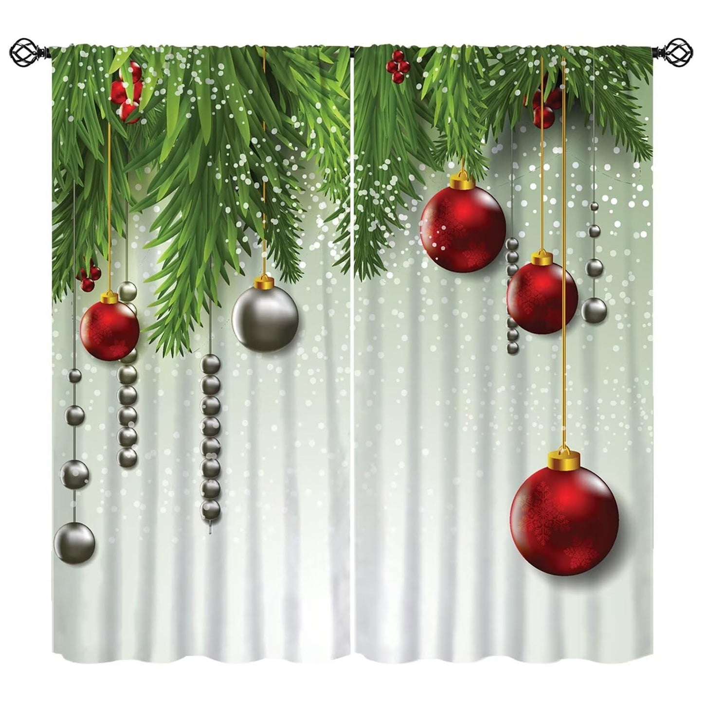 Christmas Curtain Decor Ball Coniferous Pine Tree Twig Tinsel Merry Xmas Blackout Window Treatment for Living Room Bedroom Dining Home Decor Window Drapes 52" W X 84" L