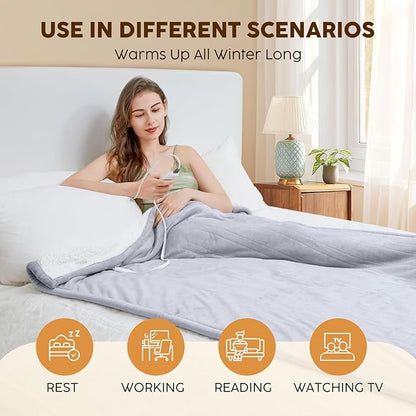 HYLEORY Heated Electric Blanket Full 72"x84" Soft Fleece & Flannel with 5 Heating Levels & 10 Hours Timer Auto Shutt Off, ETL Certified, Washable，Heated Blanket for Body-Light Grey
