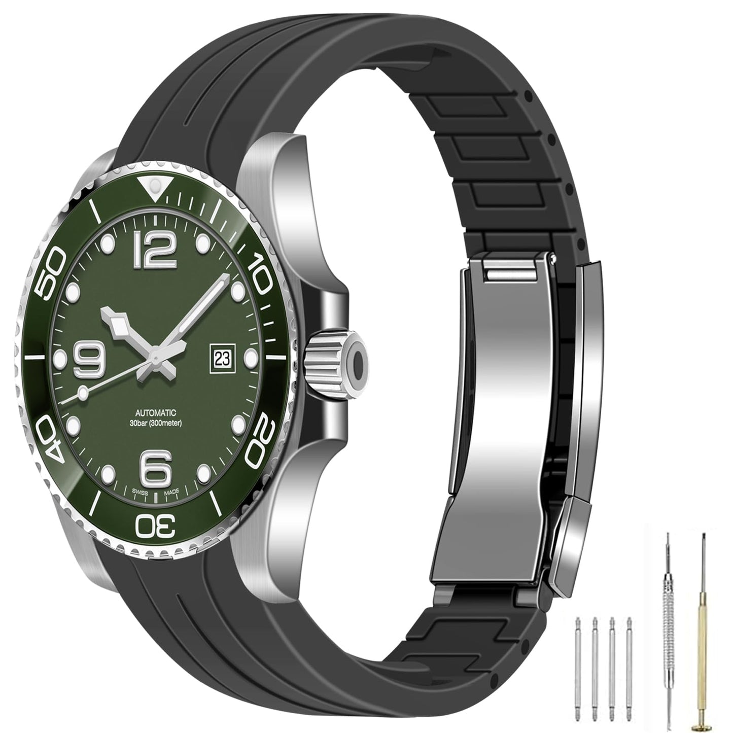 Juntan 21mm Curved End Rubber Watch Band, Tapered Silicone Curved Replacement Watch Strap for Men Women with Classic Diving Buckle Black