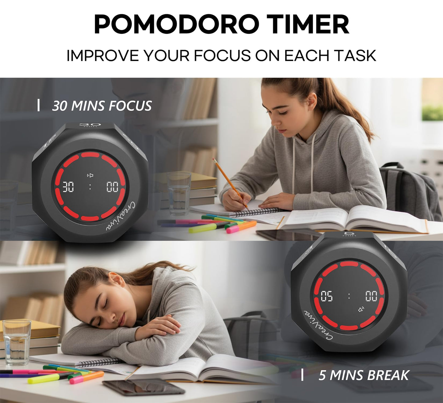 CREAVIVA Flip Cube Pomodoro Timer - Rechargeable Visual Countdown & Count Up Stopwatch, 7 Preset Intervals, 3 Alarm Modes, Productivity Tool for ADHD, Kids, Study, Work & Kitchen (Gray)