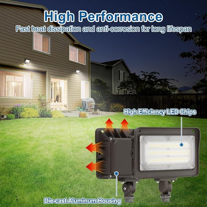 DAKASON (2 Pack) 50W LED Flood Light, Dusk-to-Dawn Photocell, 180° Adjustable Arm, Replaces 150-200W HPS/MH, IP65 Waterproof Outdoor Security Lighting Fixture, 100-277Vac 5000K 6000lm, ETL Listed