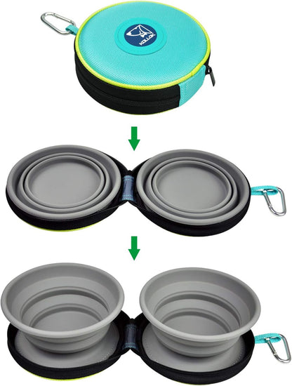 KALLAK Portable 2 in 1 Pet Bowls with Zipper Carrying Case and Carabiner, Collapsible Double Travel Dog Bowls for Food and Water Feeding, Foldable Camping Dog Cat Bowl