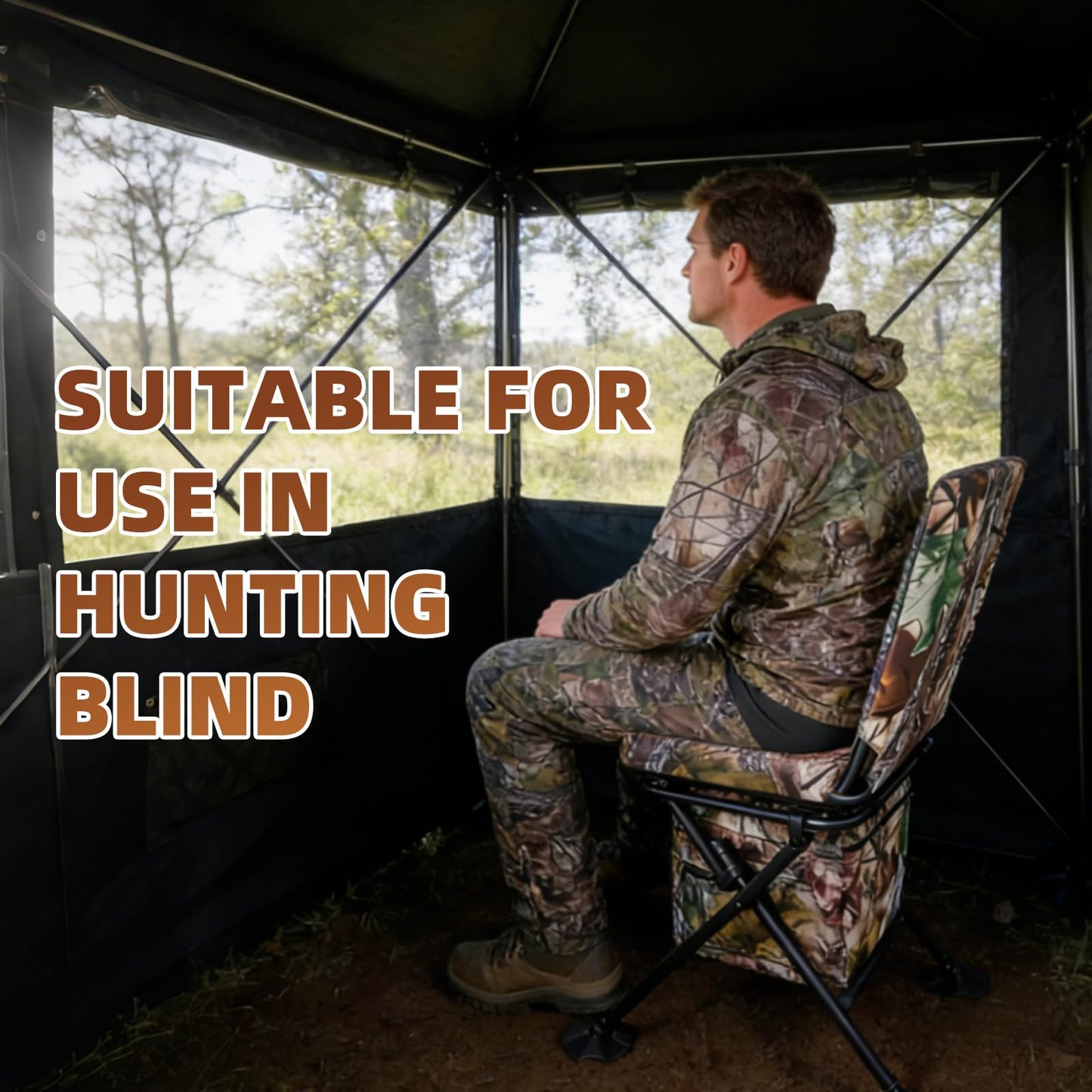 FUNHORUN Hunting Chair with Storage Bag, 360 Degree Silent Swivel Hunting Seat, Camouflage Foldable Ground Blind Chair, Tool-Free Padded Cushion Portable Seat, Lightweight