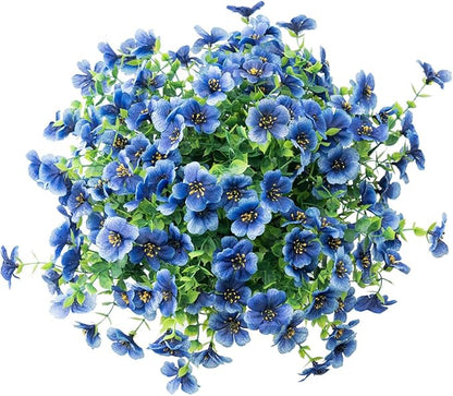 Outdoor Artificial Flowers, 8 Bundles Fake Flowers Autumn Decoration, No Fade Faux Plastic Shrubs for Garden Patio Porch Window Box Decor (Blue)