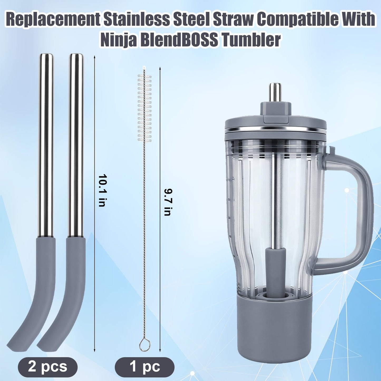 2Pcs Replacement Straw for Ninja BlendBOSS Personal Smoothie Blender Cup, Reusable Glass Straws Compatible With Ninja BlendBOSS Travel Tumbler (Grey)