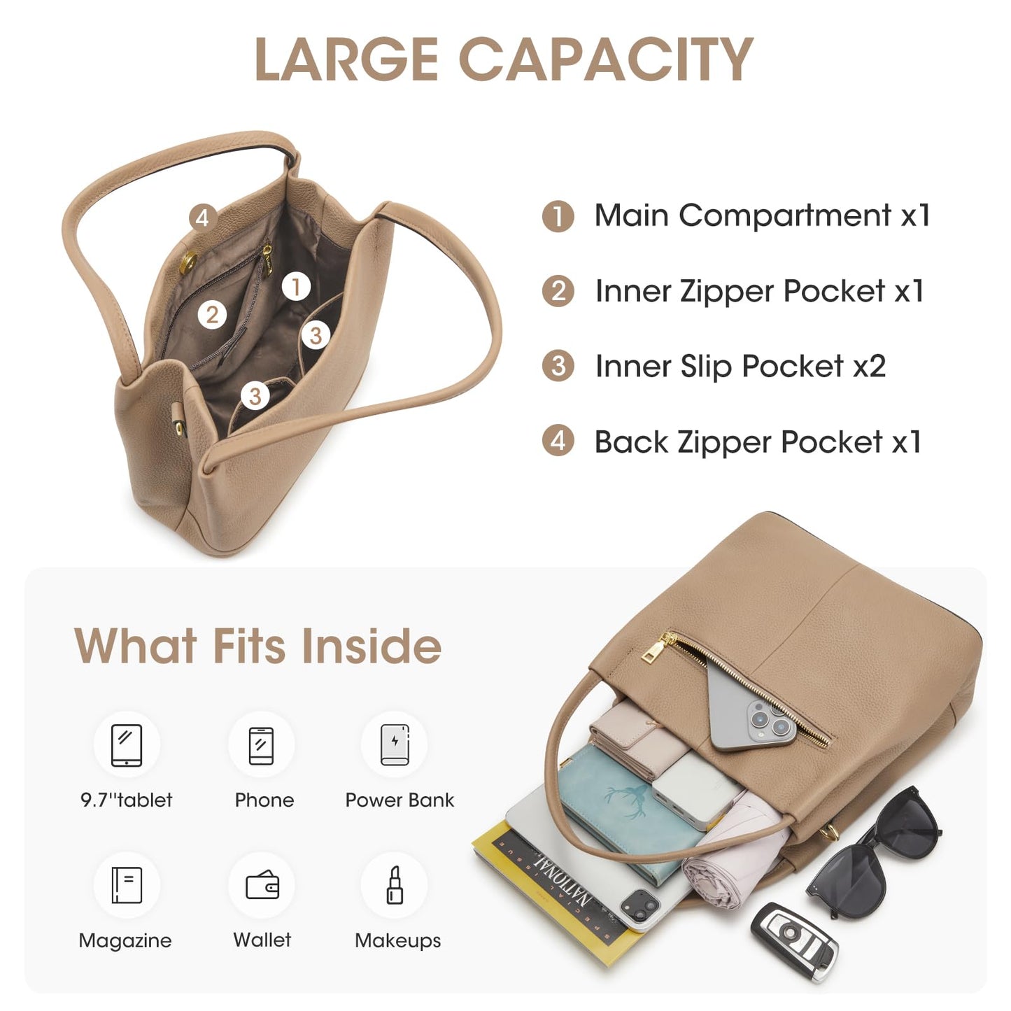Kattee Genuine Leather Handbags for Women 2026 Trendy, Soft Leather Bucket Bags Shoulder Tote Crossbody Purses with 2 Straps, Apricot