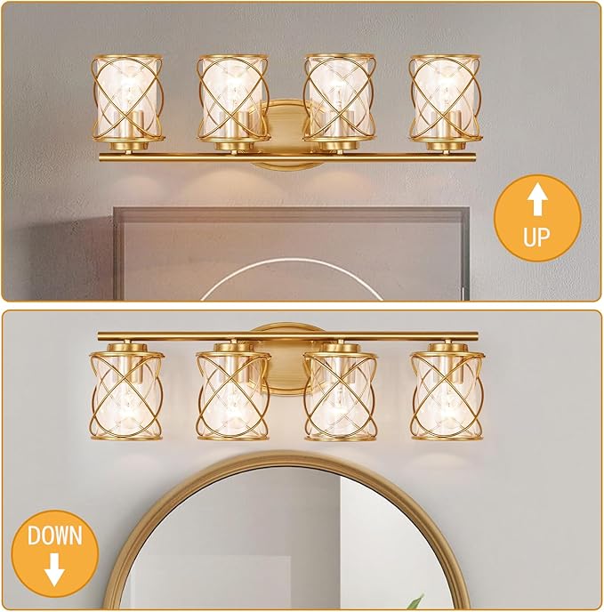 4-Lights Bathroom Light Fixtures, Brushed Gold Modern Vanity Light Over Mirror, Bathroom Wall Lamp for Mirror Kitchen Living Room Hallway Porch, Farmhouse Wall Lights with Clear Glass Cage Shade