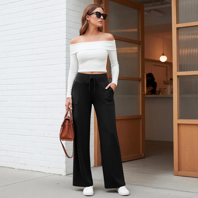 TNNZEET Women's Wide Leg Pants with Pockets - Casual Loose Yoga Trouser Pants Sweatpants Palazzo Lounge Pajama Pants