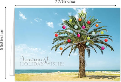 Canopy Street Masterpiece Decorated Palm Cards / 16 Tropical Beach Holiday Card Set With White Envelopes / 5 5/8" x 7 7/8" Warm Weather Coastal Vacation Greeting Cards With Inside Verse