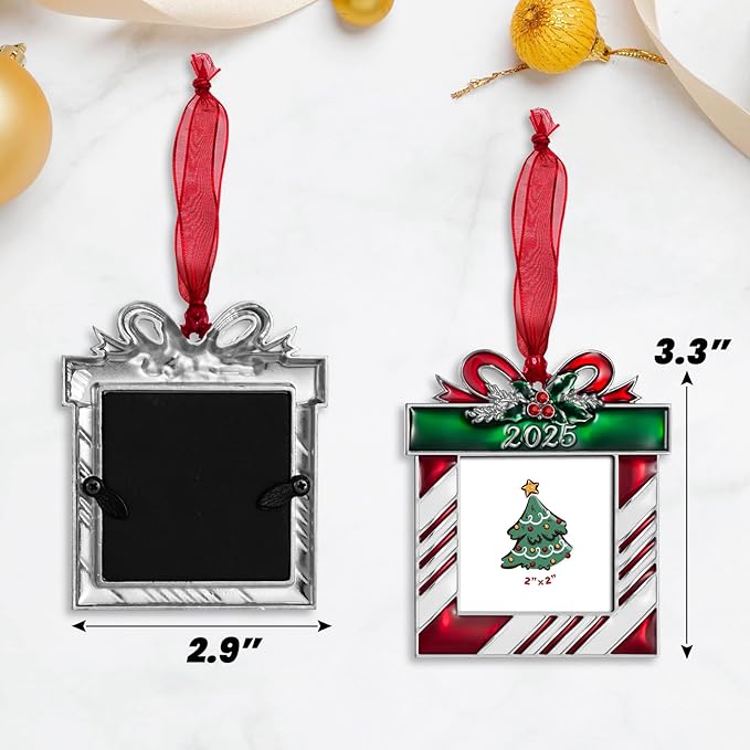 2025 Christmas Tree Ornaments Picture Frame Ornament- Made of Zinc Alloy Glitter Powder Pendant 2.5 Inch Picture Frame for Pet and Baby Holiday Keepsake Gift(Gift Bag,2025)