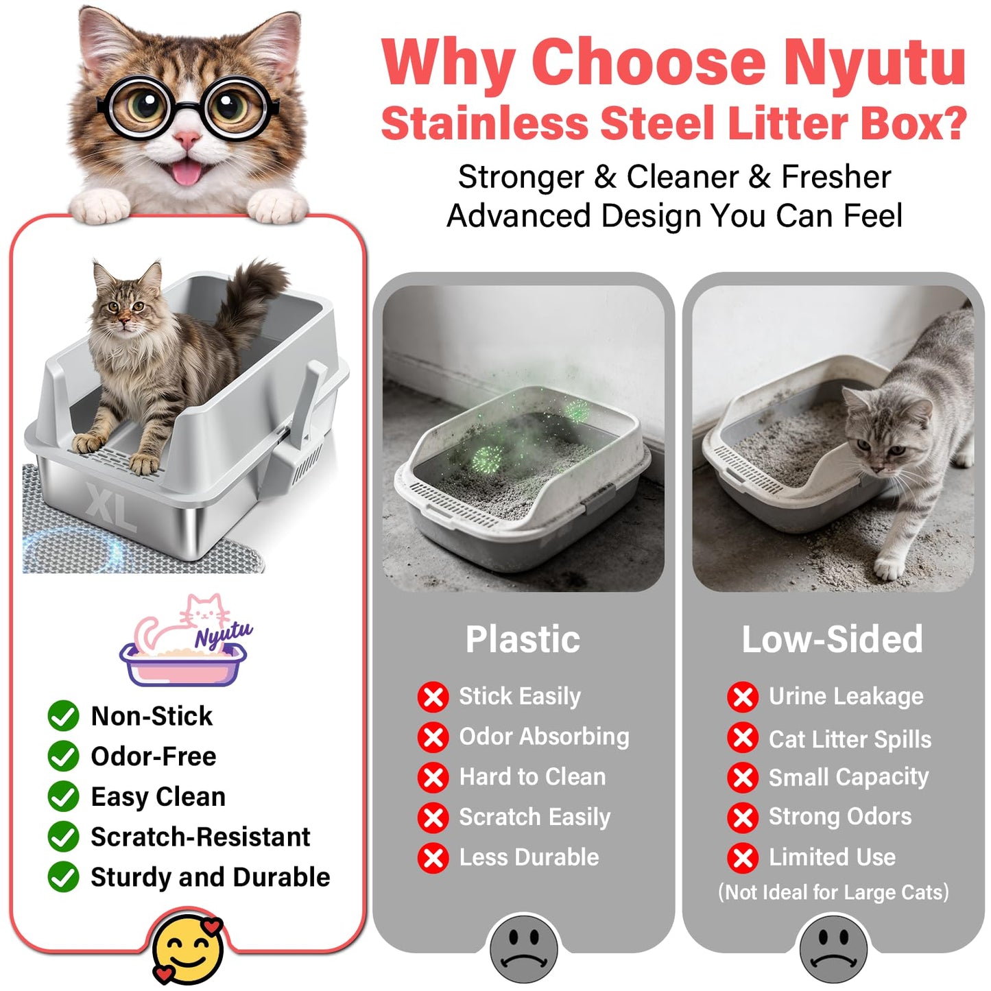 Stainless Steel Cat Litter Box, Extra Large XL Metal Litter Box with High Sides Lid, Never Absorbs Odors, Anti-Urine Leakage, Non-Sticky, Include Littter Mat & Scoop